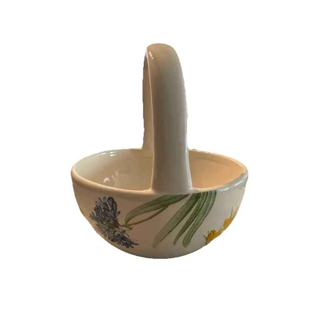 Blossoms & Blooms Ceramic Decorative Basket Floral Easter White Yellow Round